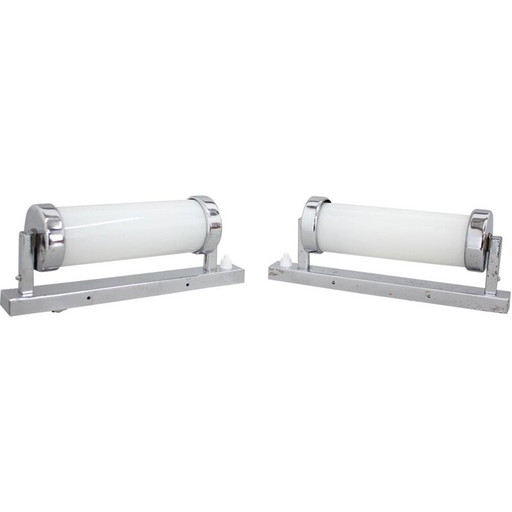 Pair of vintage Bauhaus wall lamp in chrome and opal glass, Czechoslovakia 1930
