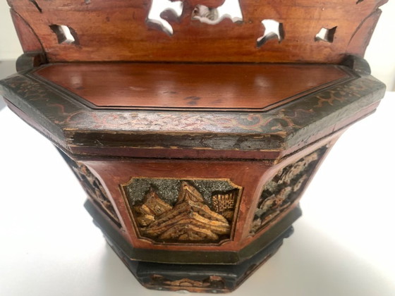Image 1 of Antique 19th-C. Chinese Carved Wood Tea Caddy – Phoenix & Dragon Motifs 