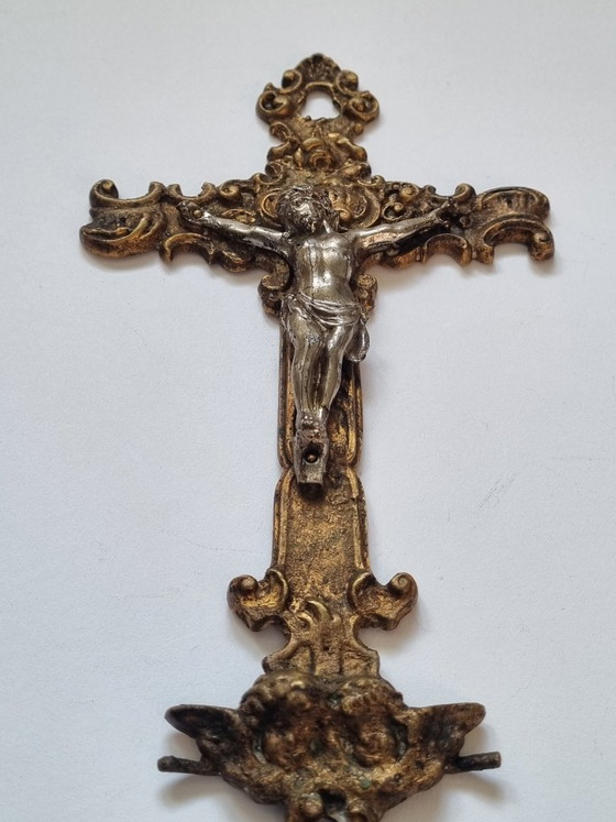Image 1 of Antique crucifix / wall cross – Neo-Baroque circa 1900, brass, gilded & silver-plated