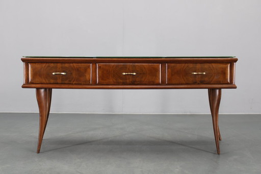1950s Italian Console in Walnut finish with Glass Top