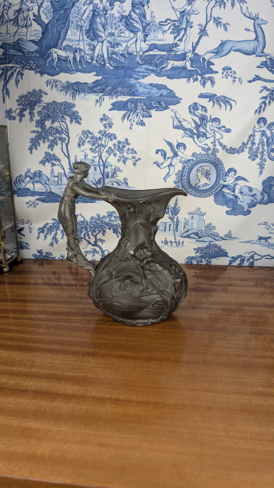 Image 1 of Art Nouveau pewter pitcher with woman and putti design signed Henri Huppé late 19th century