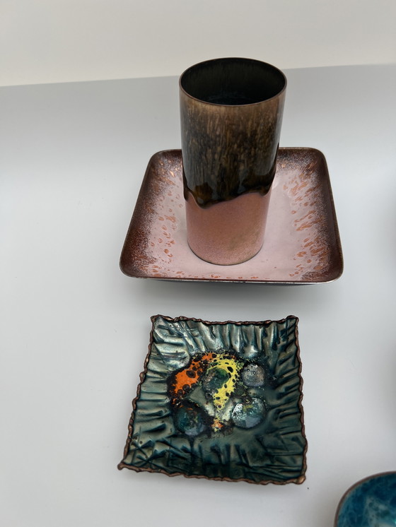 Image 1 of Mid-Century Copper Enamel Collection of Handcrafted Bowls & Vases (9 pieces)