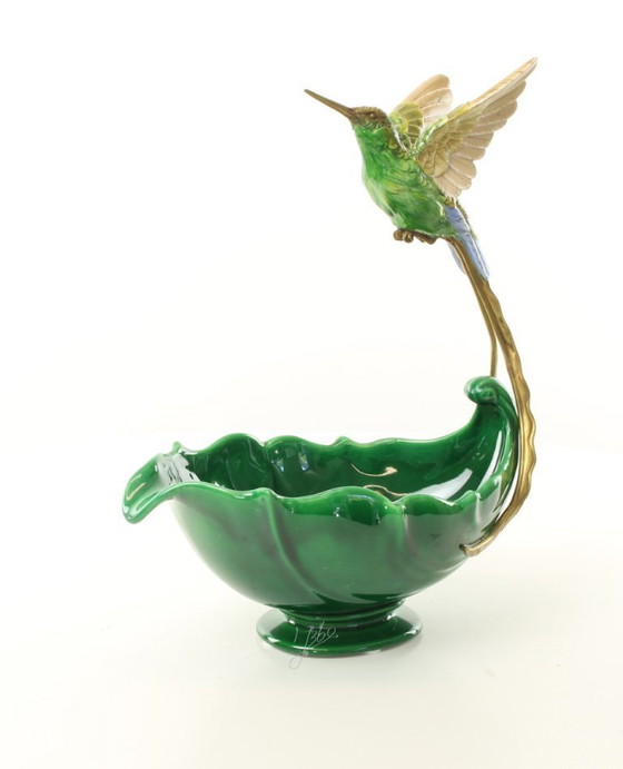Image 1 of HUMMINGBIRD PLANTER JASMINE PORCELAIN + BRONZE ORMOLU BIRD BOWL SCULPTURE