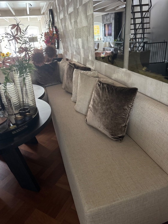 Beautiful large dining area with corner sofa and 2 round tables – DMF interiors Zeist, Seating area, Textile (photo 3 of 5)