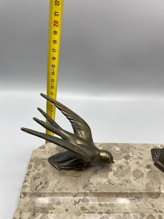Art Deco Desk Inkwell, Gilt Bronze Swallow, Griotte Marble Base, – Decorative Objects (photo 6 of 6)