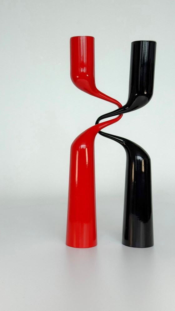Image 1 of Red and black 'Tango' candlesticks designed by Mikaela Dörfel for Menu Denmark