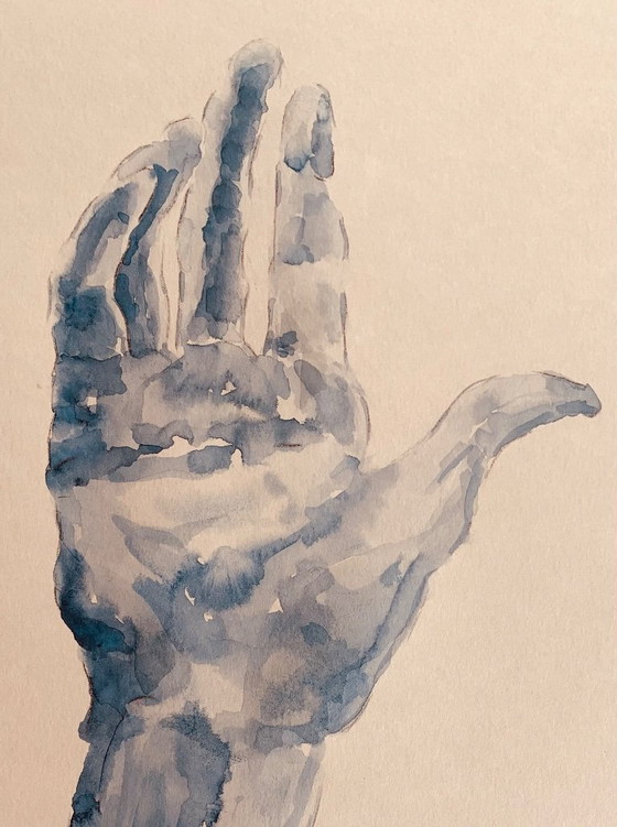 Image 1 of Monochrome blue watercolor of Auguste Rodin's statue "The Hand Reveals Man"
