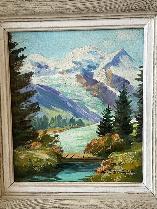 Dipinto ad olio su tavola d'epoca, firmato Claude Sargue, paesaggio montano n. 2