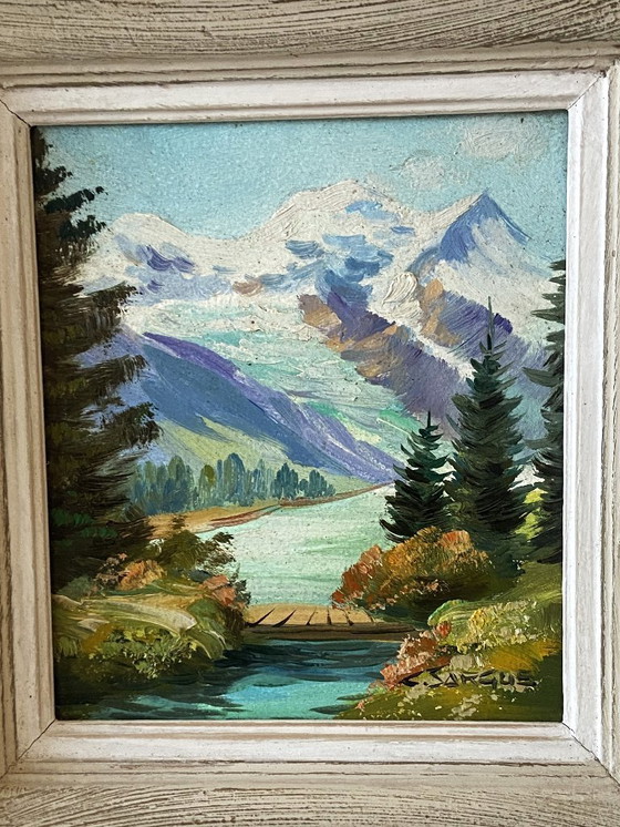 Image 1 of Dipinto ad olio su tavola d'epoca, firmato Claude Sargue, paesaggio montano n. 2