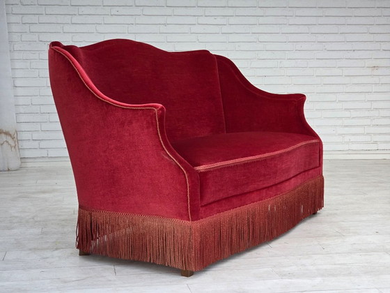 1970s, Danish 2-Seater Sofa, Red Furniture Velour, Ash Wood Legs. – 2 seaters, Velvet (photo 19 of 20)