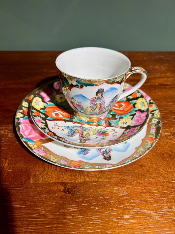 Tazze da tè/caffè giapponesi vintage con piattino e piatto, 2 set, dipinte a mano e decorate in oro, anni (photo 4 of 7)