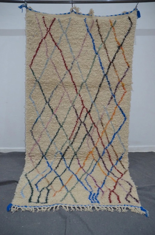 Tappeto di lusso Beni Mrirt – Lana spessa con motivo a rombi multicolori, tessuto a mano (269 × 132 cm)