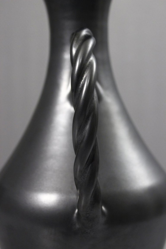 Image 1 of Vintage 1950s black satin & yellow ceramic pitcher by Louviers Poteries Normandes