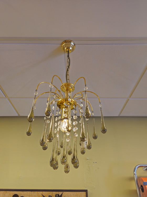 Image 1 of Lampadario a goccia vintage di Murano Lampada a sospensione in ottone fumé