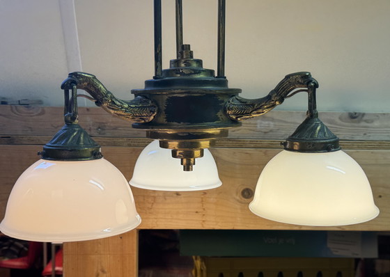 Image 1 of Rare Art Nouveau pendant lamp | 3 perfect original opal glass shades | 1905–1925