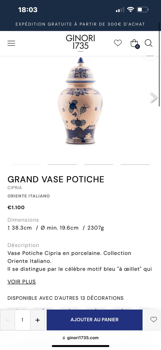 Image 1 of Grand Vase Potiche - Ginori 1735