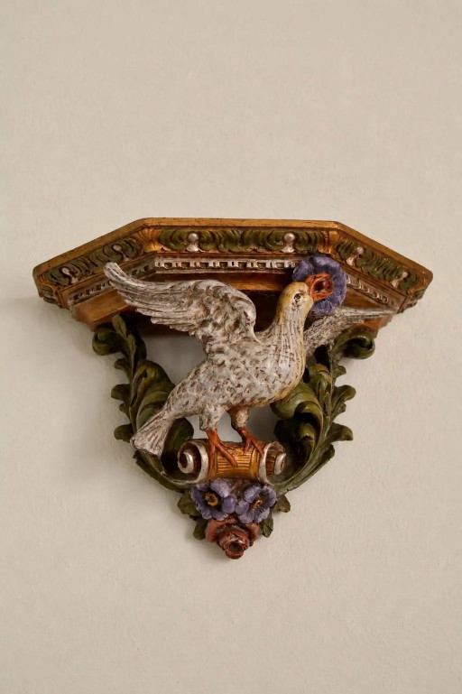 Consola de pared antigua italiana de madera tallada, estante de paloma, siglo XIX