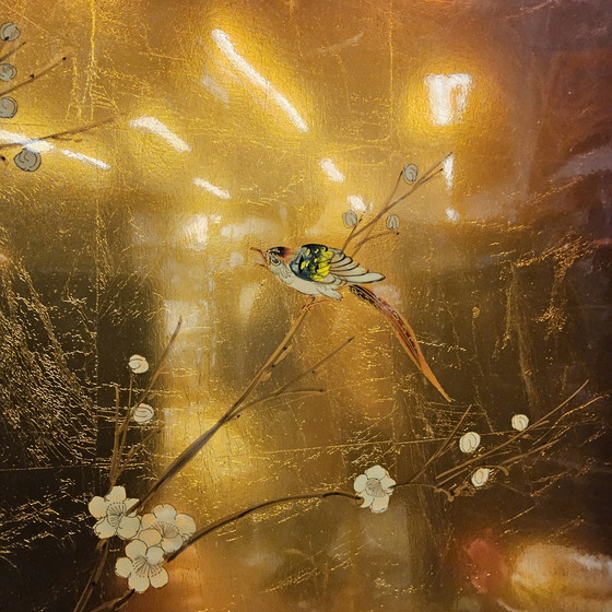 Image 1 of Vintage Chinese cabinet birds, flowers gold leaf bohemian cabinet / oriental cabinet / chinese cabinet