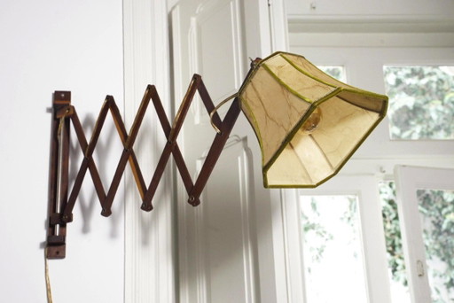Mid Century Scissor Wall Lamp Vintage Wooden Accordion Sconce Green Velvet Parchment Shade Le Klint Style