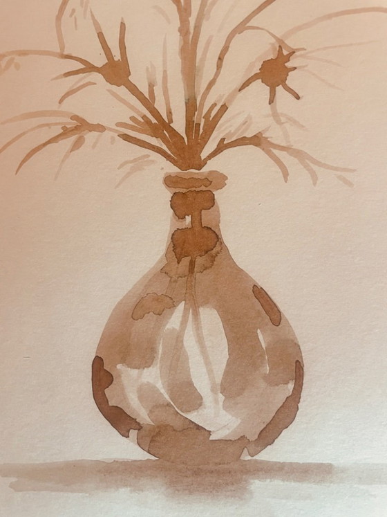 Image 1 of Signed painting, still life "dried flowers", monochrome watercolor