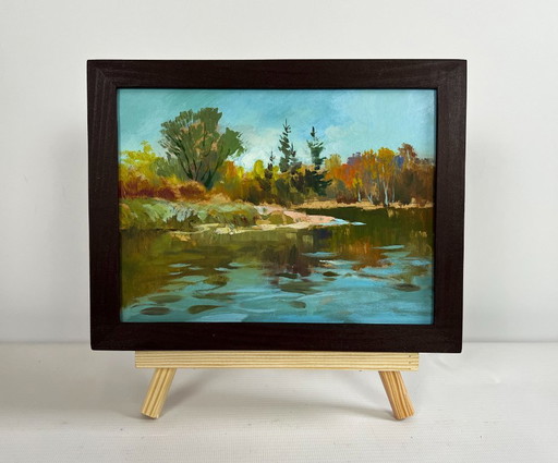 Origineel olieverfschilderij: Herfstlandschap aan een rivier, de natuur in.
