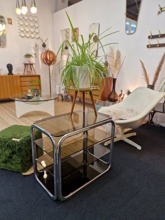 Image 1 of Vintage space age bar cart smoked glass chrome