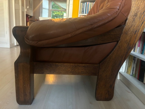 Image 1 of Chaise longue en cuir et chêne au design brutaliste 1970