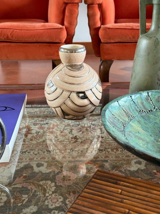 Image 1 of Art Deco pink & silver ceramic vase, Italy 1930s