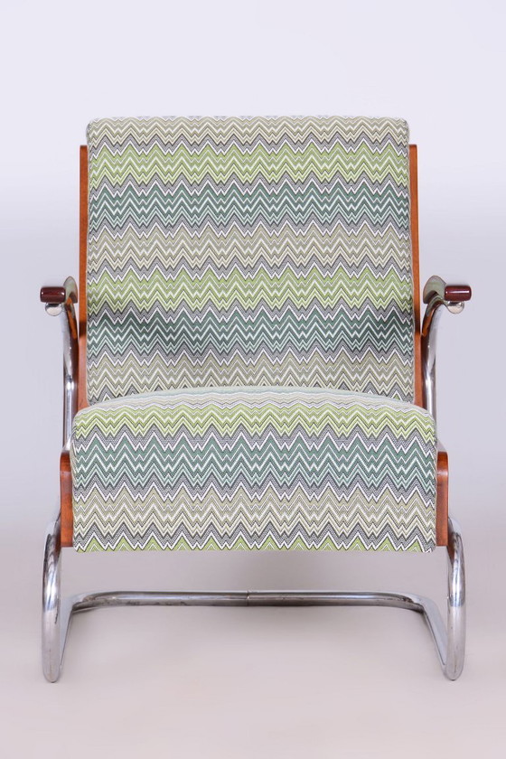 Gerestaureerde art-deco fauteuil, beuken, sparren, walnoot, chroom, Tsjechisch, jaren 1930 – Textile, Wood (photo 13 of 14)