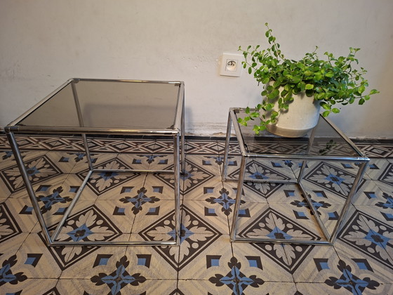Two Vintage Nesting Side tables, Abstracta Modular System Poul Cadovius – Chrome, Glass (photo 8 of 15)