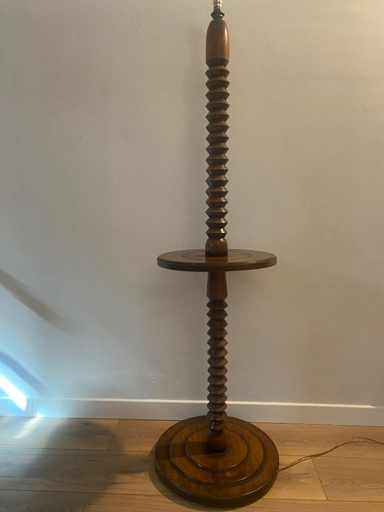 Vintage Gedraaide Houten Vloerleeslamp Charles Dudouyt met Geïntegreerde Plank – Vloerlampen, Wood (photo 5 of 6)