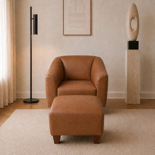 Vintage Cognac Leather Lounge Chair & Ottoman | Timeless 1990s Design – fauteuils, Wood (photo 2 of 7)