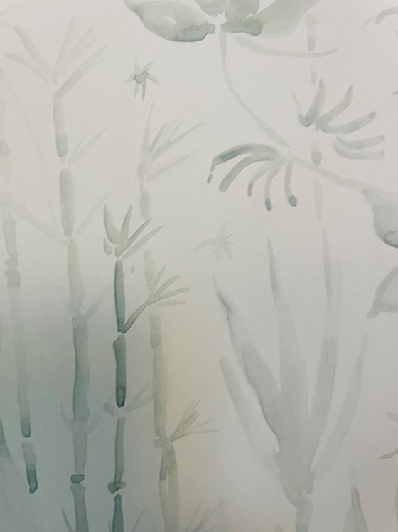 Image 1 of Signed monochrome sage green watercolor "jungle" landscape