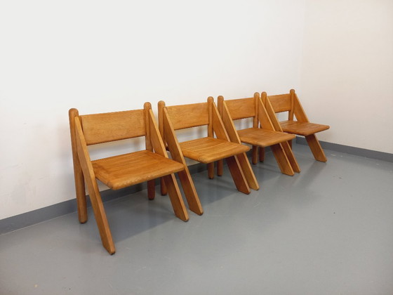 Image 1 of Exceptional suite of a large rectangular table and 4 vintage Brutalist chairs in solid oak from the 60s