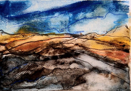 Big storm climes over the hills, mixed media watercolor with pastel on watercolor paper.