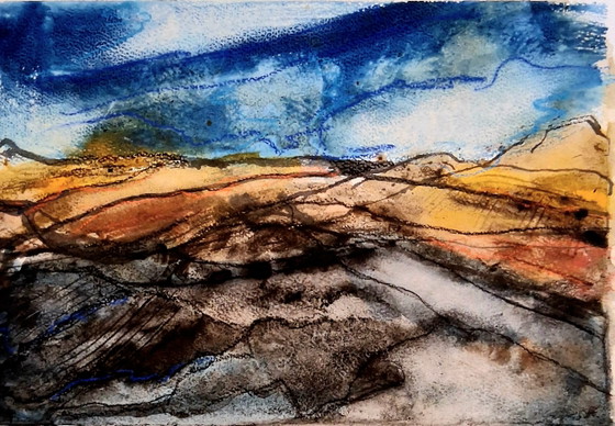 Image 1 of Big storm climes over the hills, mixed media watercolor with pastel on watercolor paper.