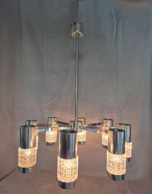 Lustre Kaiser Leuchten 42481/081 Vintage en chrome et verre texturé, 8 lumières, Allemagne, style moderne du milieu du XXe siècl