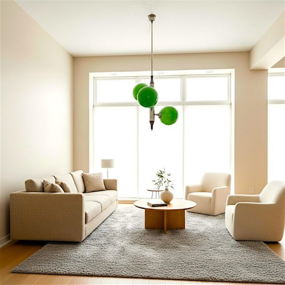 Image 1 of Portuguese Mid Century Modern Space Age chandelier clustered hanging lamp with 3 green globes, 1960s