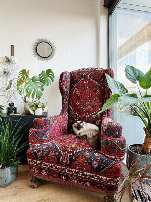 Sillón Kelim turco vintage con respaldo alto hecho a mano