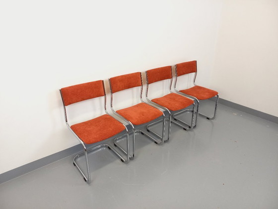Image 1 of Suite of 4 vintage cantilever chairs in chromed metal and fabric from the 70s
