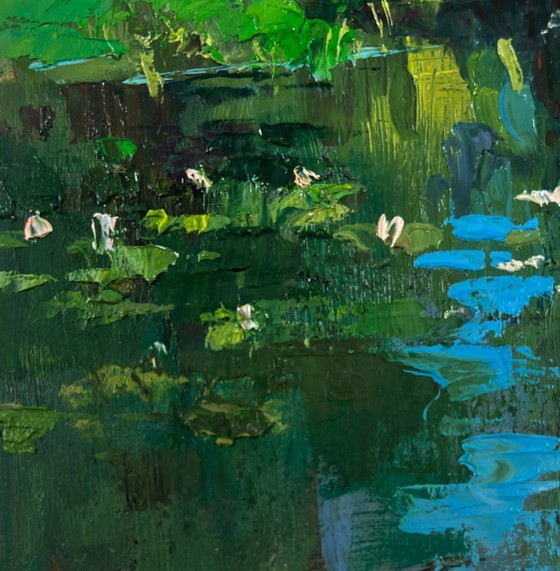Image 1 of Original Oil Painting Summer Coastal Landscape Bridge over the river with people