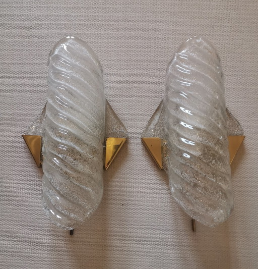 Lámparas de pared Hillebrand de cristal de Murano de mediados de siglo, 2 unidades, años 60 y 70. – wandlampen, Metal, Brass