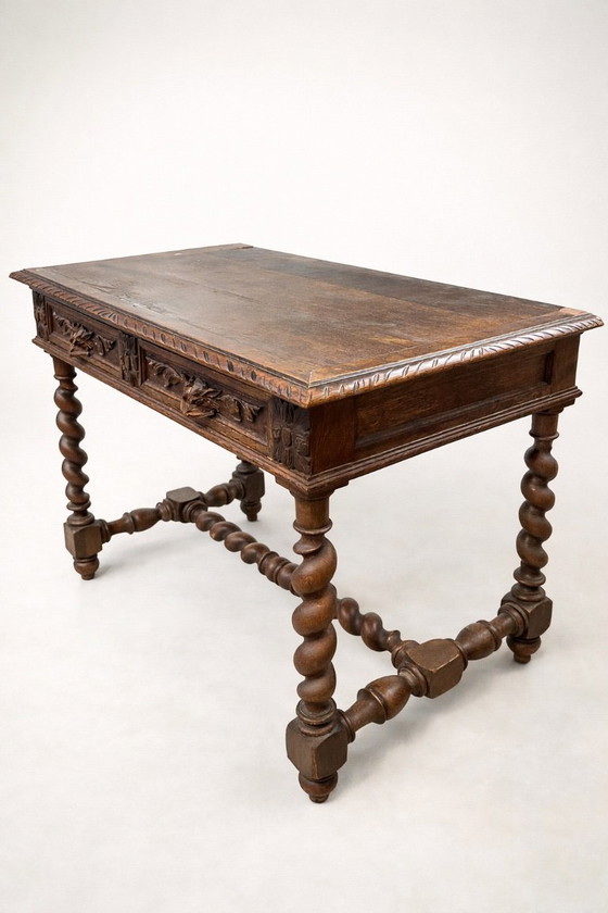 Image 1 of Tafel/bureau in Henri II-stijl van massief eikenhout