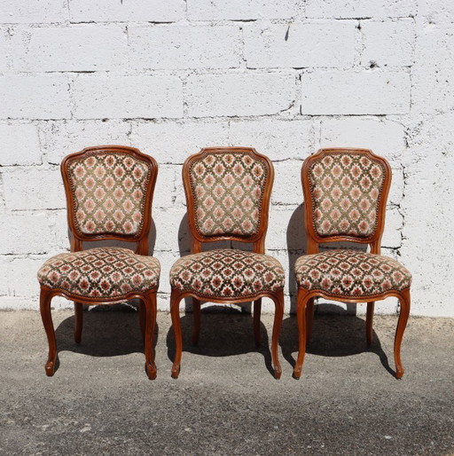 Ensemble de 3 chaises de salle à manger en bois - chaises de salle à manger tapissées - style Louis xv - 70s