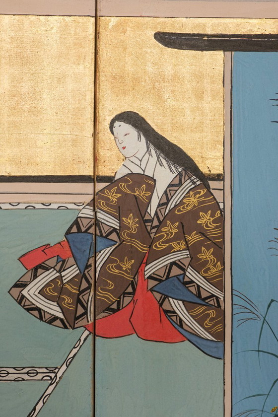 Image 1 of Antico paravento giapponese a sei pannelli con raffigurazione della storia di Genji.