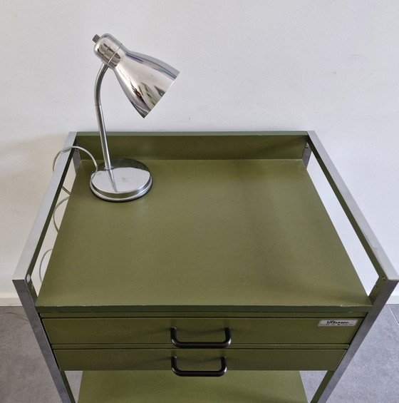 Chariot Vintage (Hôpital), Vert Olive, 2 Tiroirs – Ultrason, Dessertes, Chrome, Metal (photo 10 of 13)
