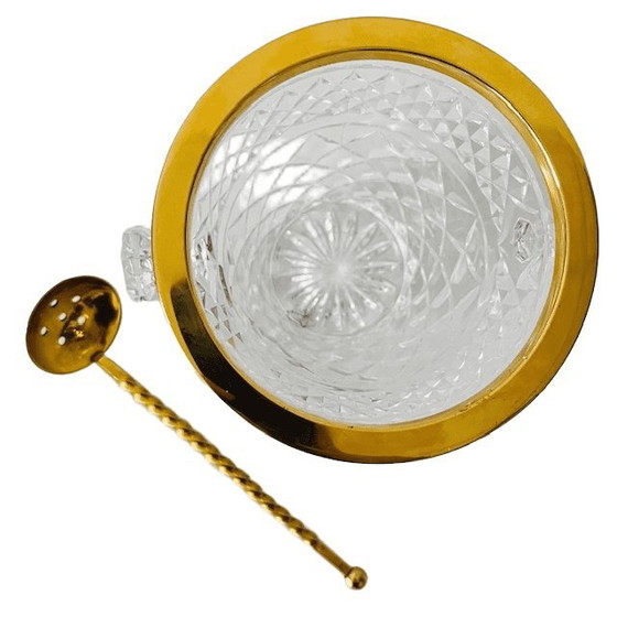 Image 1 of Seau à glace français vintage années 1950, avec pelle à glace, en cristal doré.