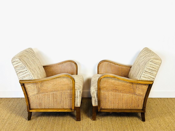 Image 1 of Vintage Art Deco woonkamerset van gebogen hout en riet, 1950, set van 3