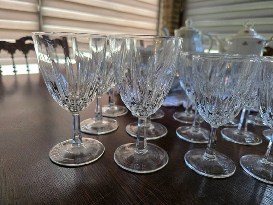 Image 1 of 18-piece set of original crystal glasses from the renowned French quality brand Cristal d'Arques, model Longchamp.
