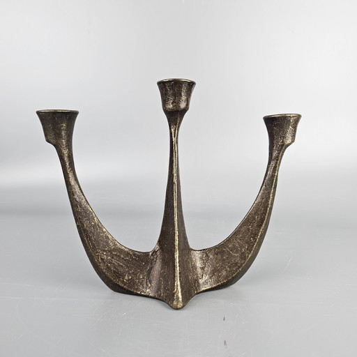 Bronze vintage candlestick for 3 candles. Brutalist design by Horst Dalbeck. Germany 1950 - 1970.